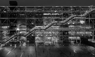 Exterior escalators and colored pipes of Centre Pompidou